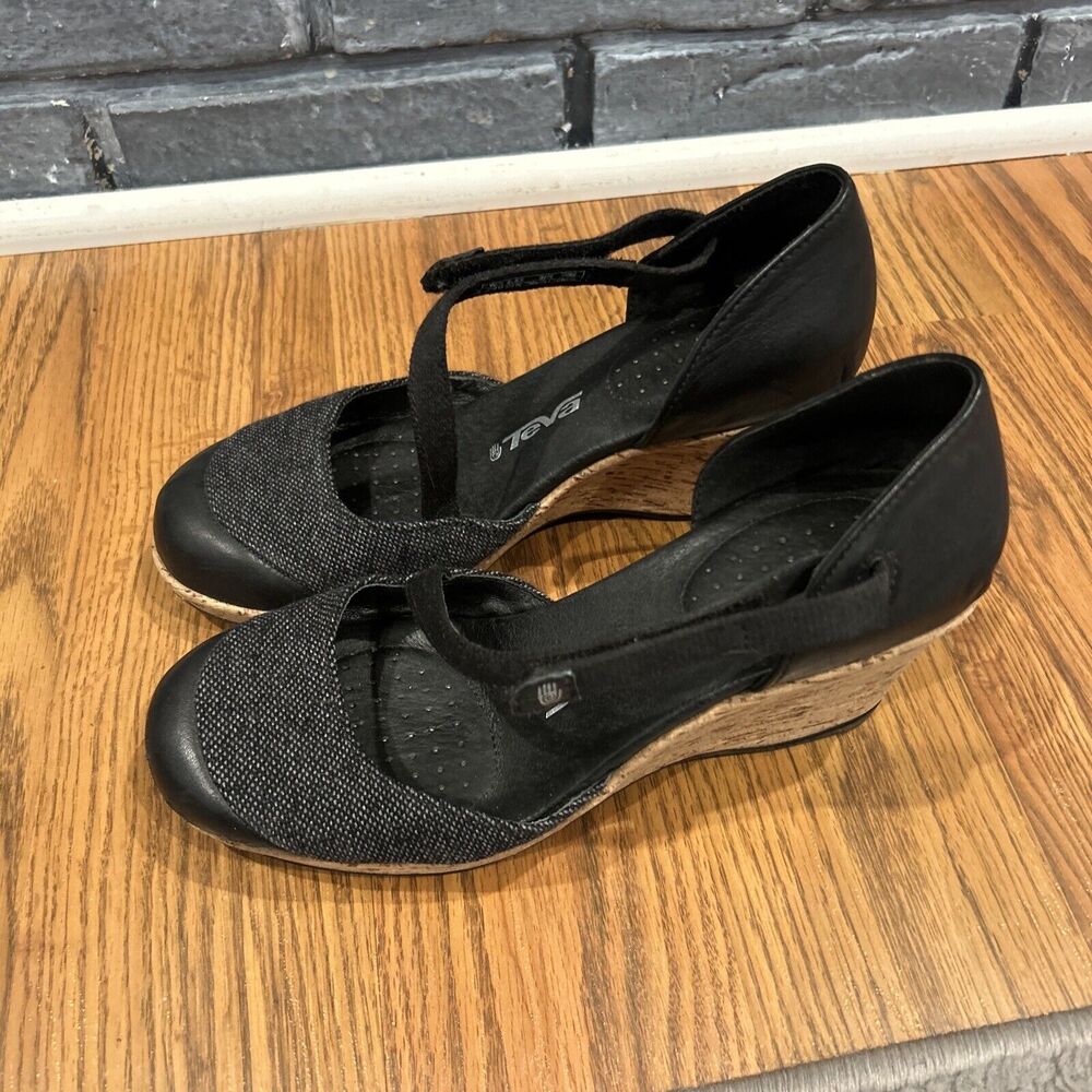 Teva Riviera MJ Cork Wedge Sandals Womens 6.5 Black Canvas Leather Cork